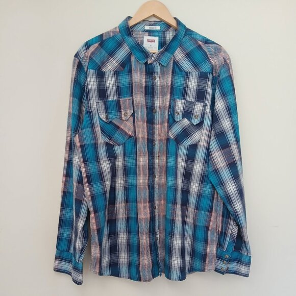 Vintage Western Levi's Double Pocket Plaid Marbled Snap Button Shirt Size XXL - Picture 2 of 9